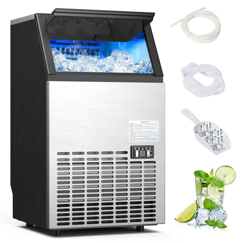 Commercial Ice Maker 110LBS/24H Freestanding Built-in Stainless Steel Portable Ice Maker Machine with Ice Scoop & Drain Inlet Hose