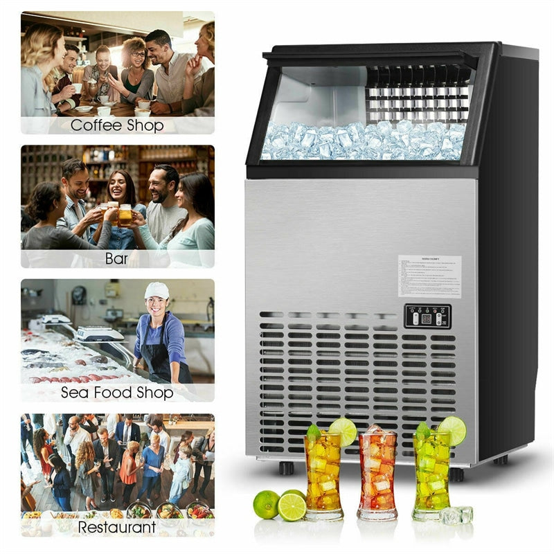 Commercial Ice Maker 110LBS/24H Freestanding Built-in Stainless Steel Portable Ice Maker Machine with Ice Scoop & Drain Inlet Hose