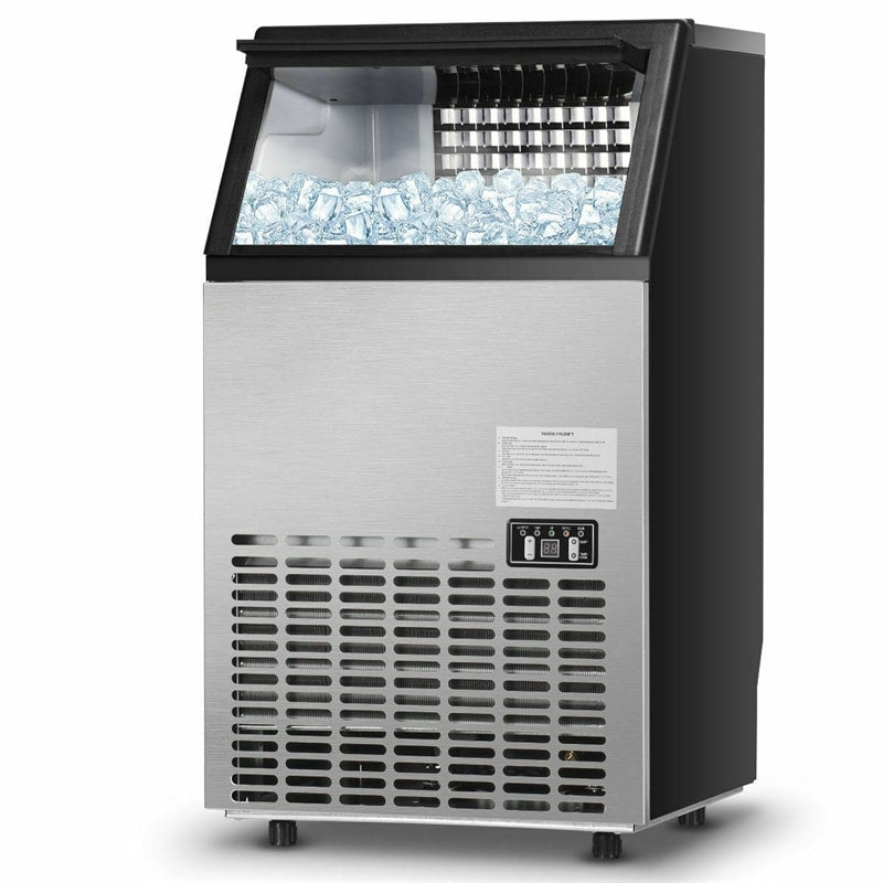 Commercial Ice Maker 110LBS/24H Freestanding Built-in Stainless Steel Portable Ice Maker Machine with Ice Scoop & Drain Inlet Hose