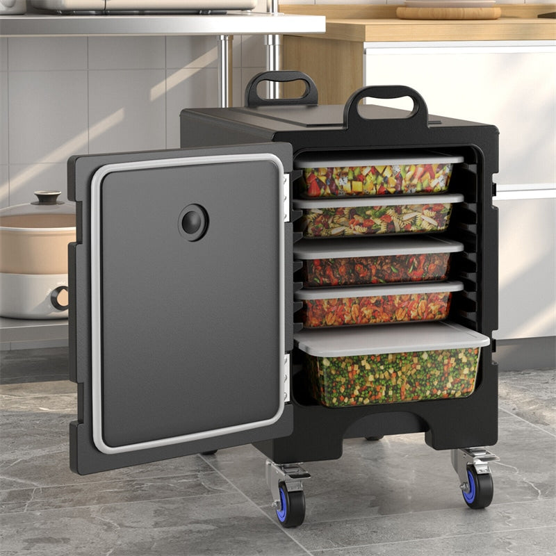 81 Quart End-Loading Insulated Food Pan Carrier for 5 Full-Size Pans, Stackable Food Warmer Hot Box for Catering with Fastener & Wheels