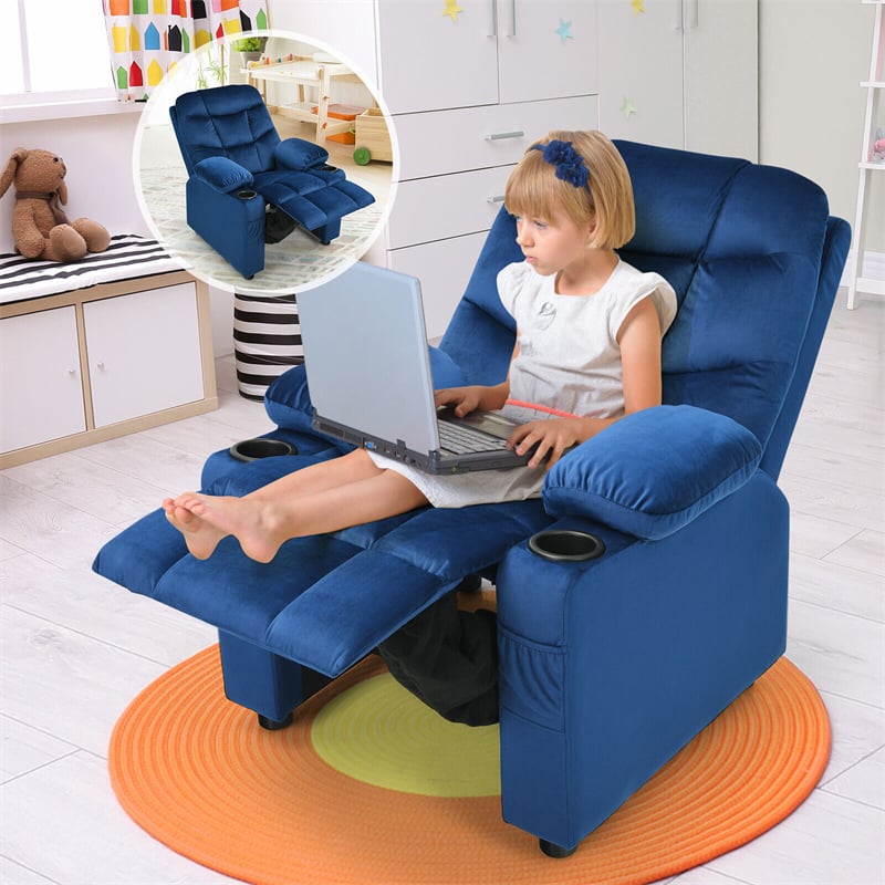 Kids Recliner Chair Adjustable Gaming Recliner Ergonomic Velvet Recliner with Cup Holder, Footrest & Side Pockets for Children Room