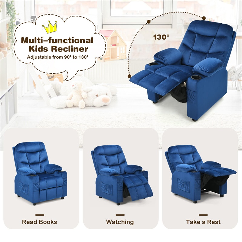 Kids Recliner Chair Adjustable Gaming Recliner Ergonomic Velvet Recliner with Cup Holder, Footrest & Side Pockets for Children Room