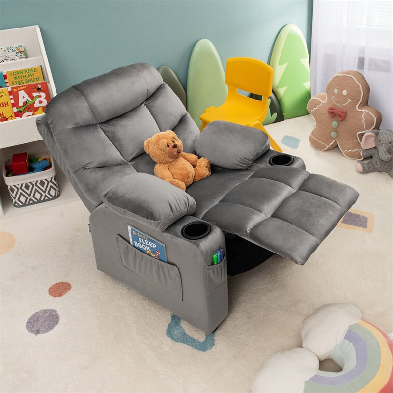 Kids Recliner Chair Adjustable Gaming Recliner Ergonomic Velvet Recliner with Cup Holder, Footrest & Side Pockets for Children Room