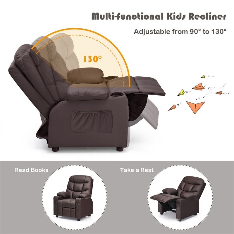 Kids Recliner Chair Adjustable Gaming Recliner Ergonomic Velvet Recliner with Cup Holder, Footrest & Side Pockets for Children Room