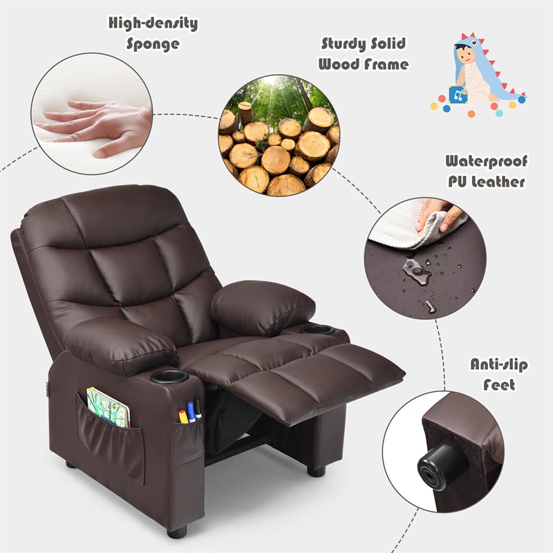 Kids Recliner Chair Adjustable Gaming Recliner Ergonomic Velvet Recliner with Cup Holder, Footrest & Side Pockets for Children Room