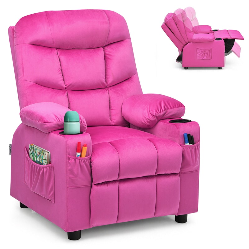 Kids Recliner Chair Adjustable Gaming Recliner Ergonomic Velvet Recliner with Cup Holder, Footrest & Side Pockets for Children Room