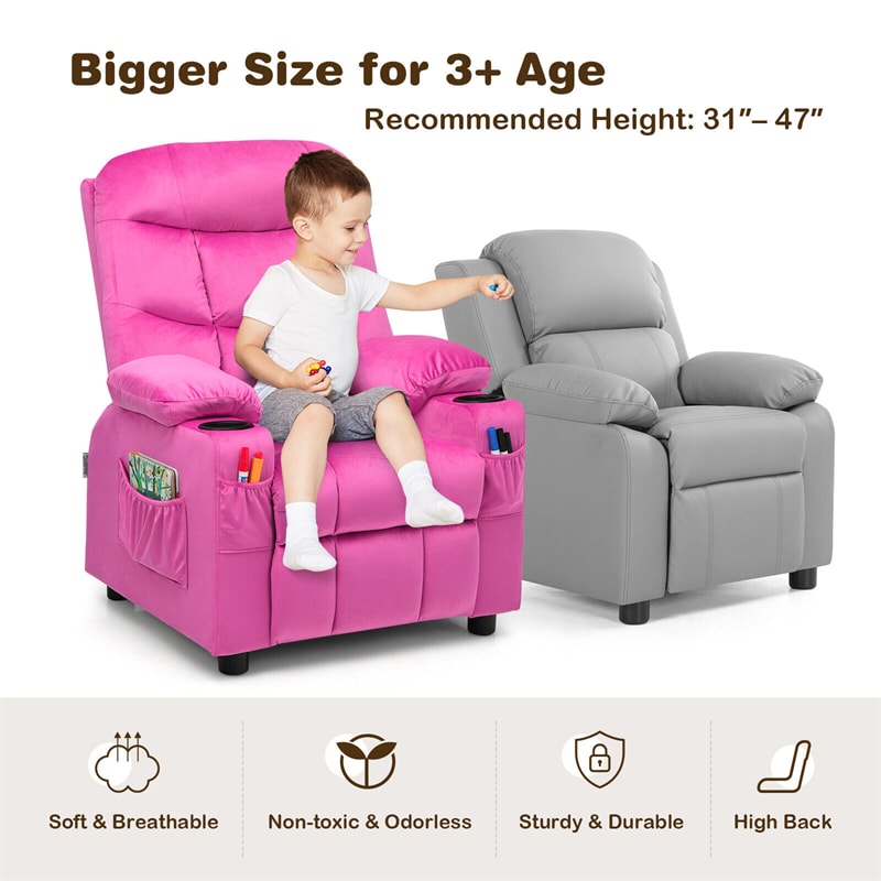 Kids Recliner Chair Adjustable Gaming Recliner Ergonomic Velvet Recliner with Cup Holder, Footrest & Side Pockets for Children Room