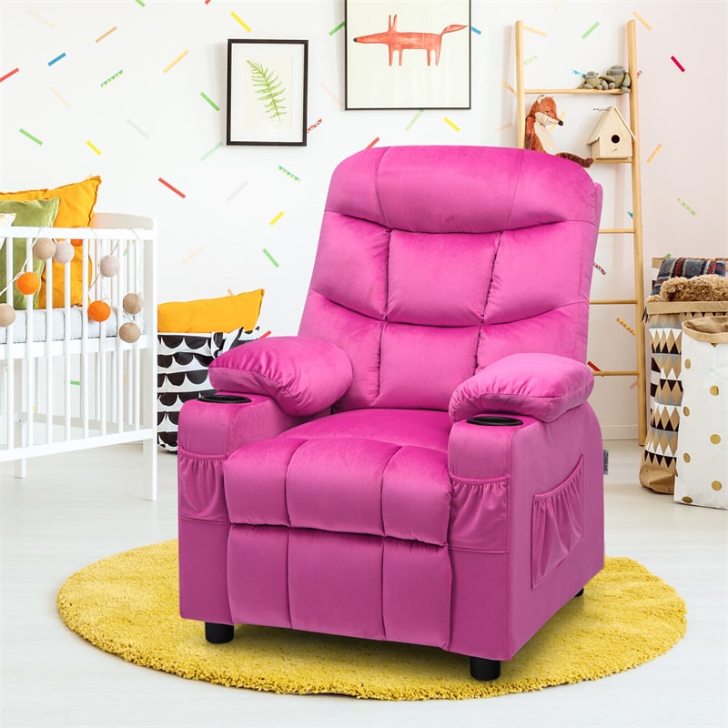 Kids Recliner Chair Adjustable Gaming Recliner Ergonomic Velvet Recliner with Cup Holder, Footrest & Side Pockets for Children Room