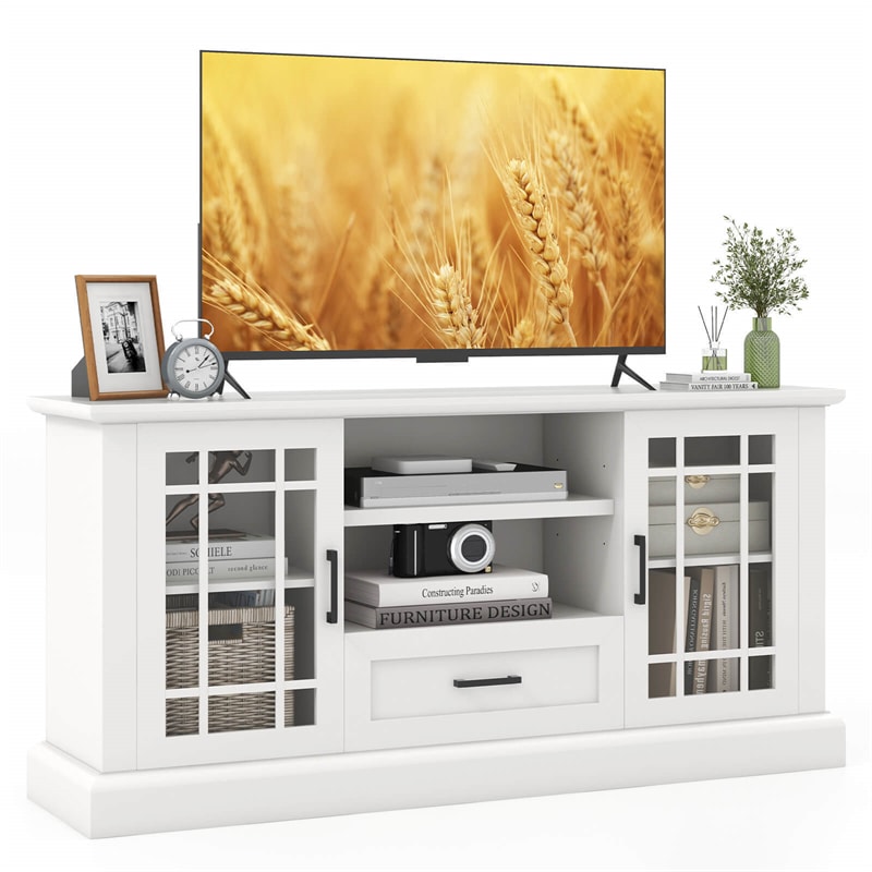 Farmhouse TV Stand Entertainment Center Tall Media Console Table for TVs up to 70 Inch with 2 Glass Doors Cubbies & Drawer