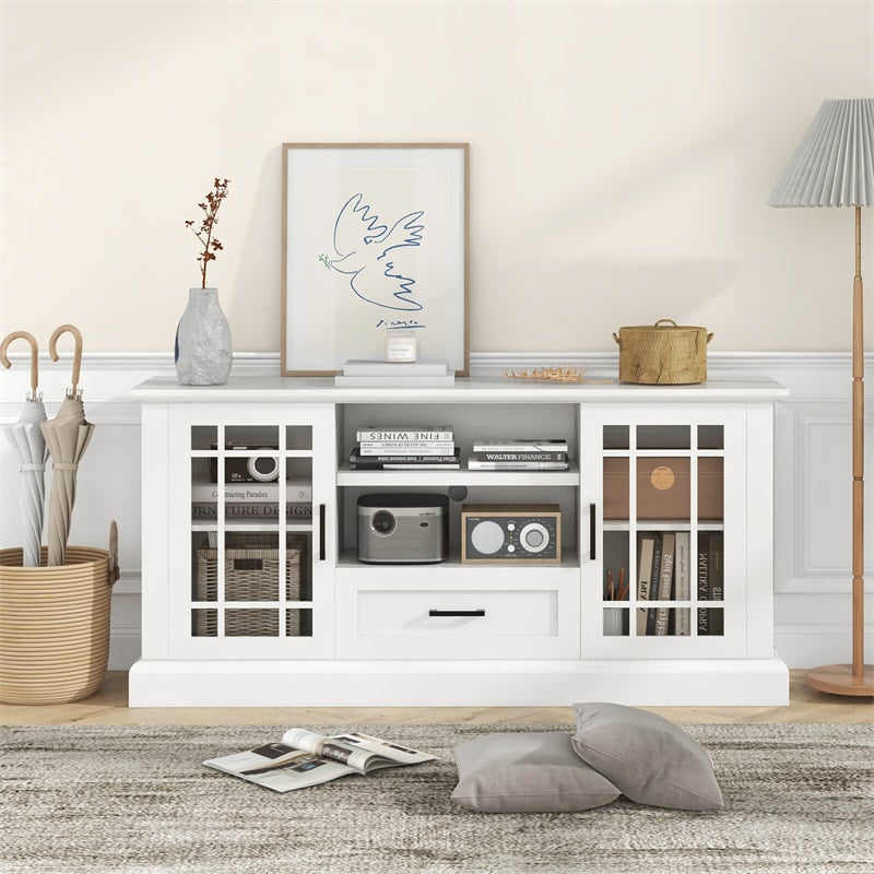 Farmhouse TV Stand Entertainment Center Tall Media Console Table for TVs up to 70 Inch with 2 Glass Doors Cubbies & Drawer