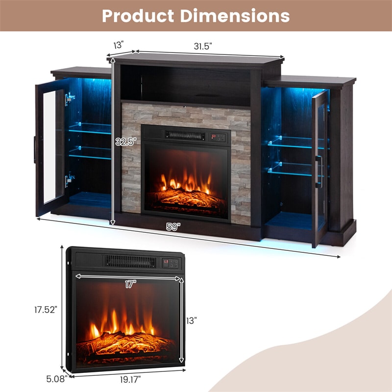 59" Fireplace TV Stand with LED Lights for TVs up to 65", Entertainment Center with 18" Electric Fireplace & APP Control