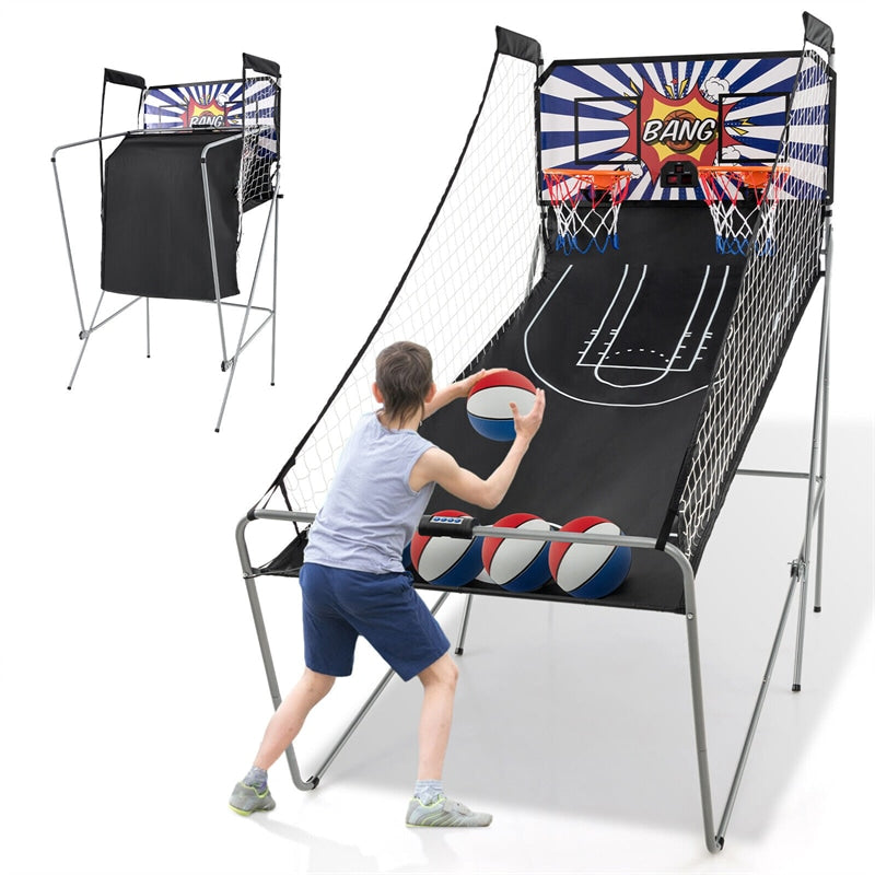 Foldable Basketball Arcade Game Indoor Double Shot Electronic Basketball Game 2 Player 8 Game Options with 4 Balls & Inflation Pump