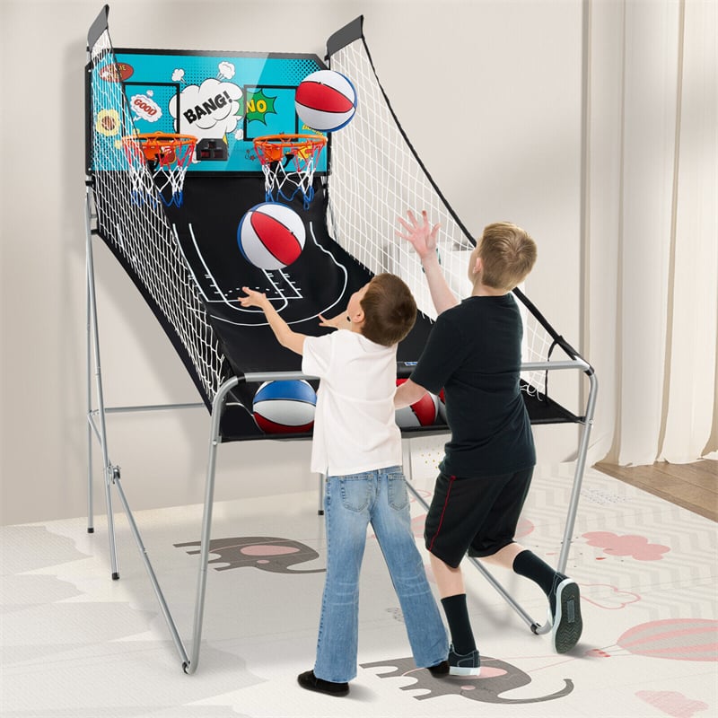 Foldable Basketball Arcade Game Indoor Double Shot Electronic Basketball Game 2 Player 8 Game Options with 4 Balls & Inflation Pump