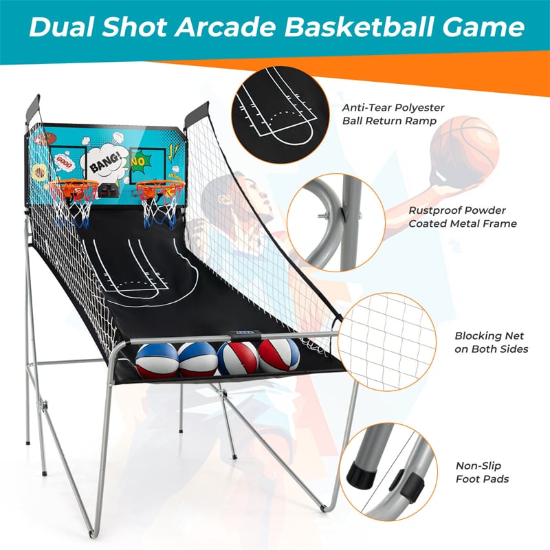 Foldable Basketball Arcade Game Indoor Double Shot Electronic Basketball Game 2 Player 8 Game Options with 4 Balls & Inflation Pump