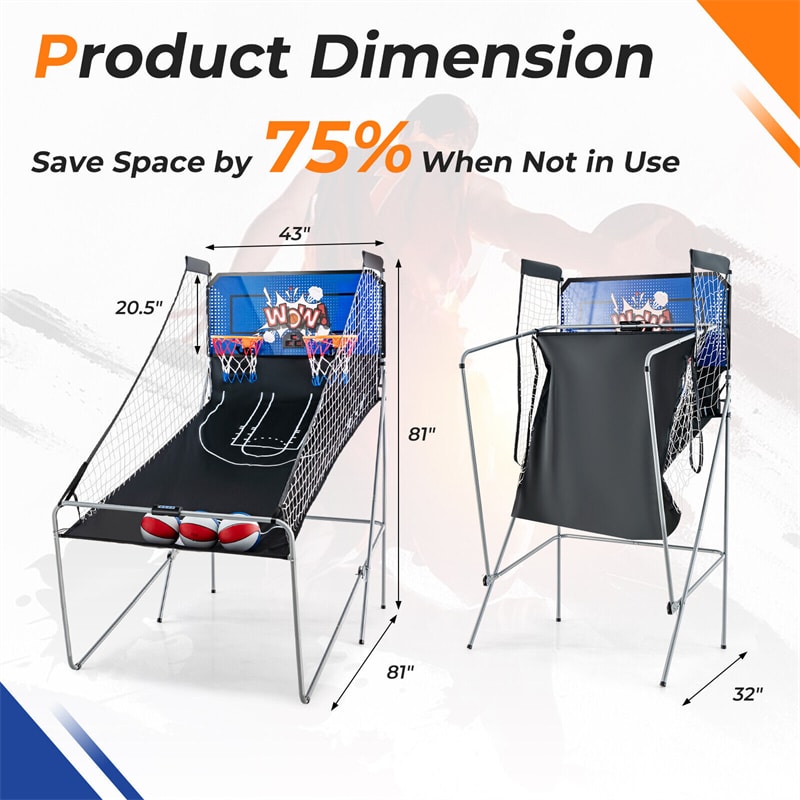 Foldable Basketball Arcade Game Indoor Double Shot Electronic Basketball Game 2 Player 8 Game Options with 4 Balls & Inflation Pump