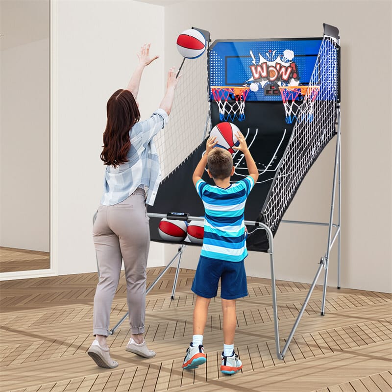 Foldable Basketball Arcade Game Indoor Double Shot Electronic Basketball Game 2 Player 8 Game Options with 4 Balls & Inflation Pump