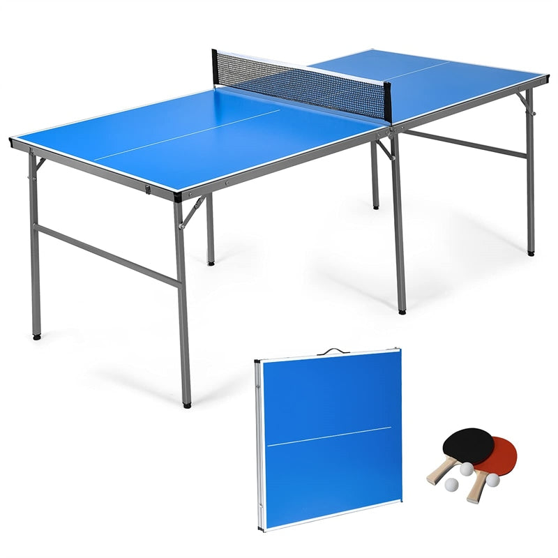 Foldable Ping Pong Table 6’ x 3’ Portable Table Tennis Table with Net, 2 Table Tennis Paddles & Balls for Indoor Outdoor Game, 100% Preassembled