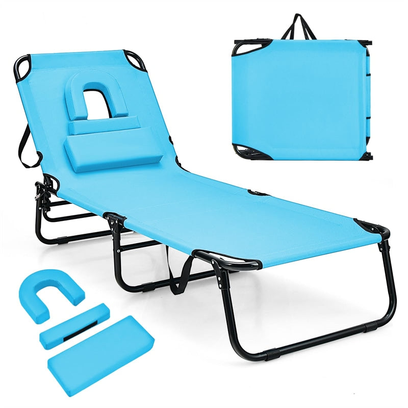 Folding Beach Chaise Lounge Chair 5-Position Adjustable Sunbathing Recliner with Face Hole & Detachable Pillows