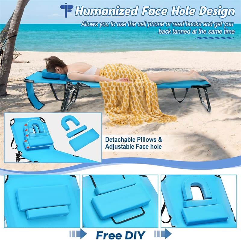 Folding Beach Chaise Lounge Chair 5-Position Adjustable Sunbathing Recliner with Face Hole & Detachable Pillows