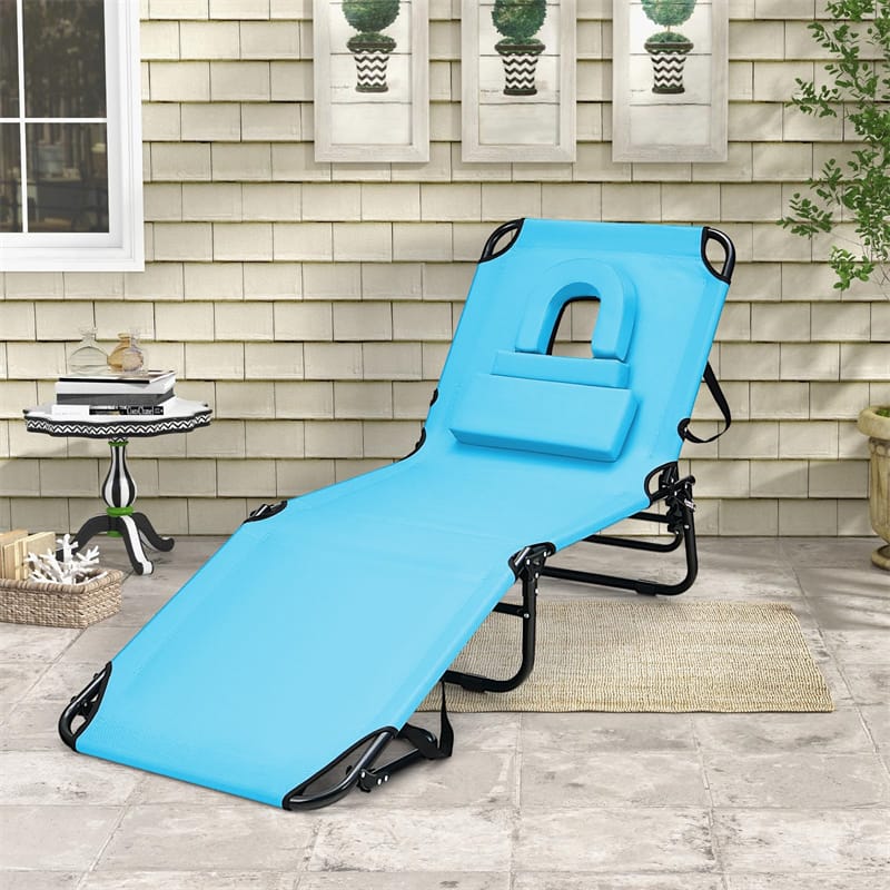 Folding Beach Chaise Lounge Chair 5-Position Adjustable Sunbathing Recliner with Face Hole & Detachable Pillows