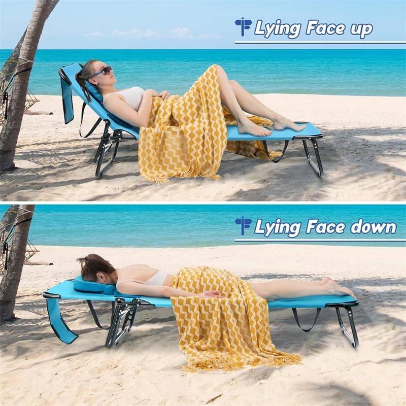 Folding Beach Chaise Lounge Chair 5-Position Adjustable Sunbathing Recliner with Face Hole & Detachable Pillows