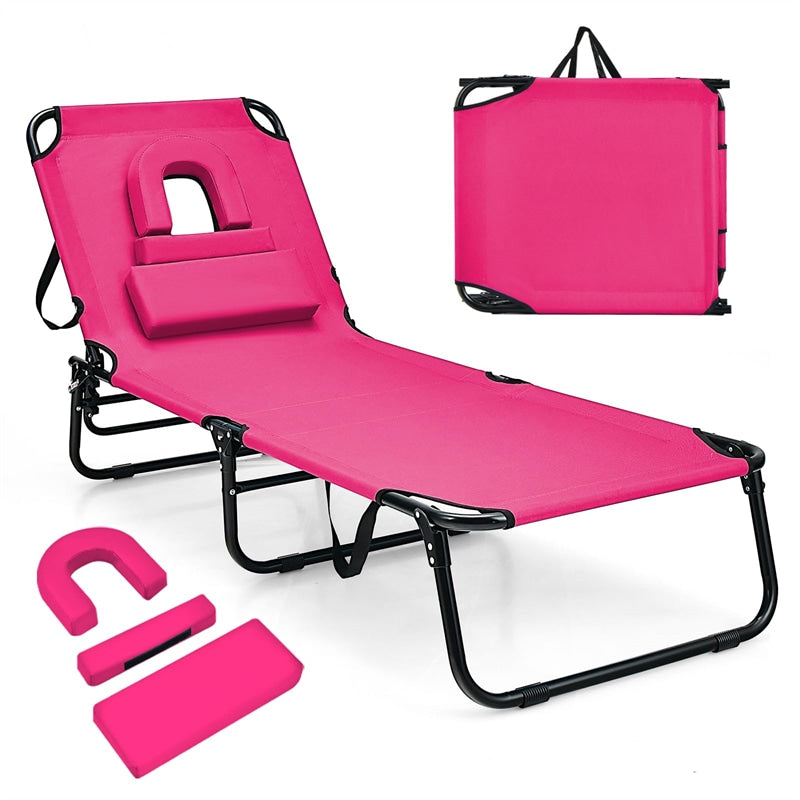 Folding Beach Chaise Lounge Chair 5-Position Adjustable Sunbathing Recliner with Face Hole & Detachable Pillows