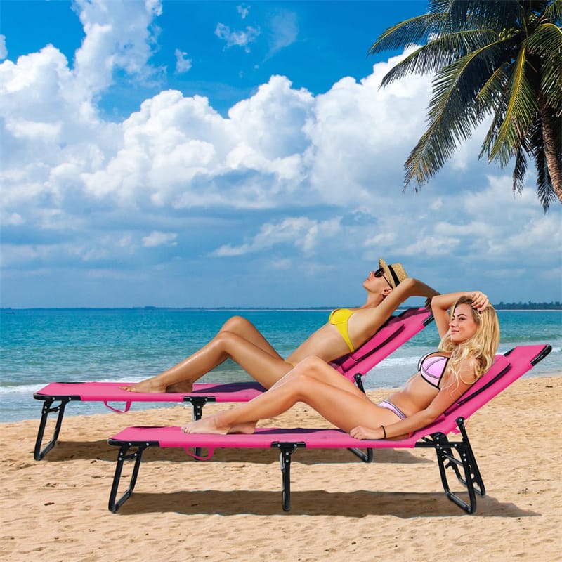 Folding Beach Chaise Lounge Chair 5-Position Adjustable Sunbathing Recliner with Face Hole & Detachable Pillows