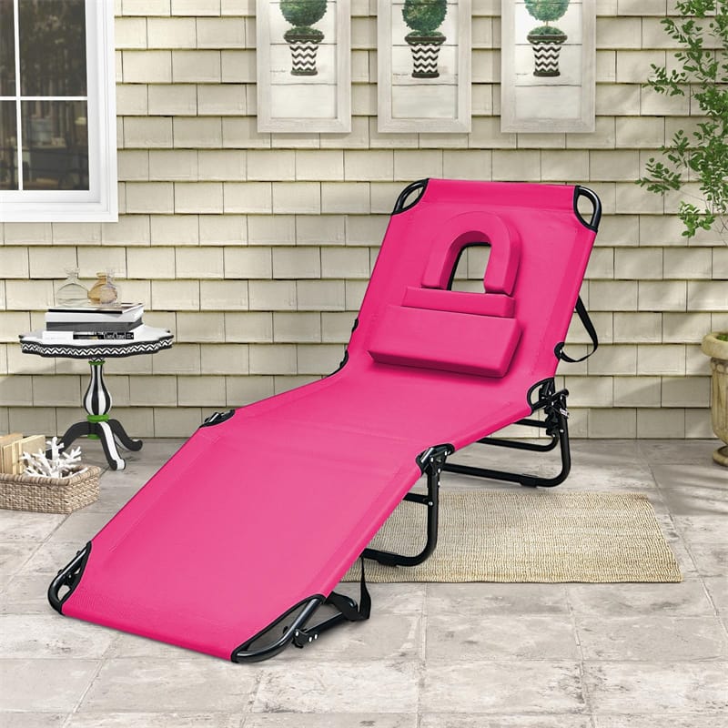 Folding Beach Chaise Lounge Chair 5-Position Adjustable Sunbathing Recliner with Face Hole & Detachable Pillows