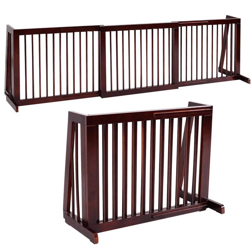 Freestanding Pet Gate Expandable Wood Dog Gate 28''- 80'' Adjustable Step Over Pet Fence for Indoor