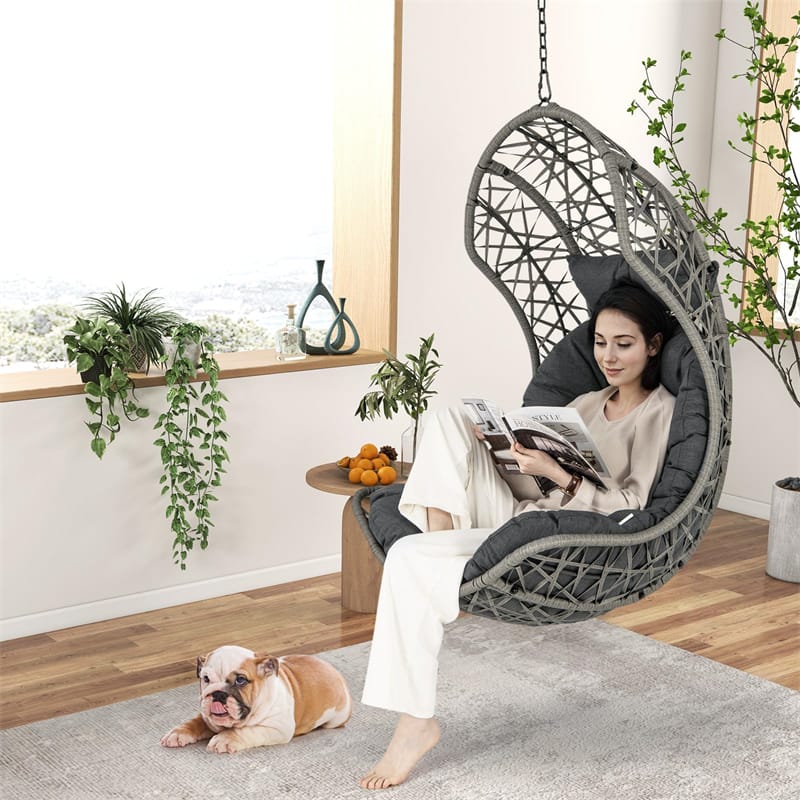 Hanging Egg Chair Wicker PE Rattan Basket Swing Chair with Soft Pillow & Cushion, 250LBS Capacity Outdoor Indoor Hammock Chair