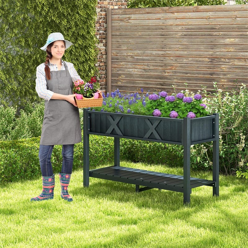 HIPS Raised Garden Bed Polywood Elevated Planter Box Weatherproof Standing Garden Bed with Legs, Storage Shelf & Drain Hole