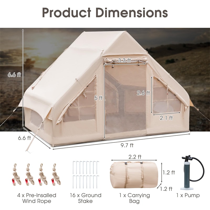 Inflatable Camping Tent 4-6 Person Glamping Tent 4-Season Luxury Canvas Cabin Tent Camping House Tent with Pump & 7 Mesh Windows