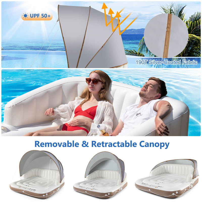 Inflatable Floating Island with Canopy, Giant Pool Float Lounge Raft with SPF50+ Removable Retractable Sunshade & 2 Cup Holders for Lake River