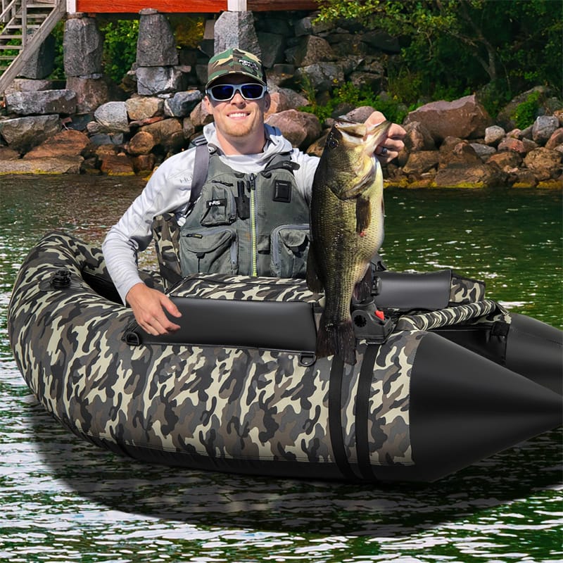 Inflatable Fishing Float Tube 350LBS Capacity Belly Boat with Flippers, Fish Ruler, Rod Holder, Pump, Storage Bag, Adjustable Backrest & Straps