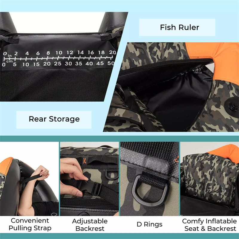 Inflatable Float Tube 350LBS Fishing Belly Boat with Fish Finder Holder, Rod Rack, Fish Ruler, 3 Detachable Storage Boxes & Manual Pump