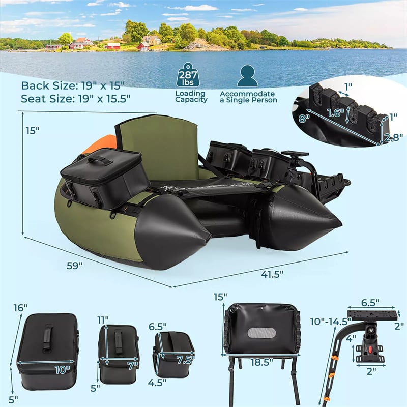 Inflatable Float Tube 350LBS Fishing Belly Boat with Fish Finder Holder, Rod Rack, Fish Ruler, 3 Detachable Storage Boxes & Manual Pump