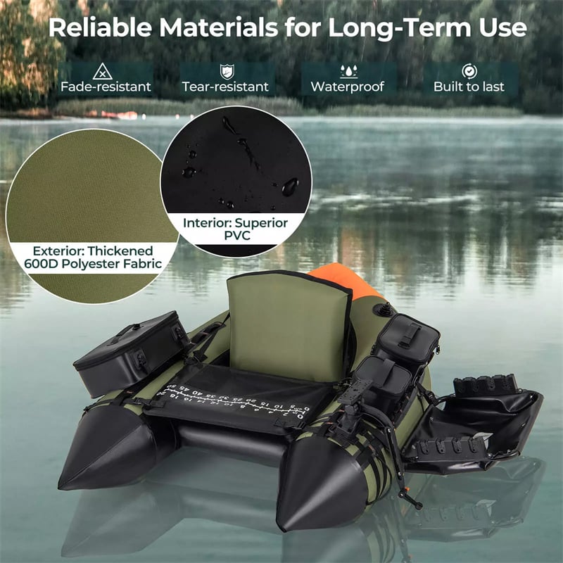 Inflatable Float Tube 350LBS Fishing Belly Boat with Fish Finder Holder, Rod Rack, Fish Ruler, 3 Detachable Storage Boxes & Manual Pump