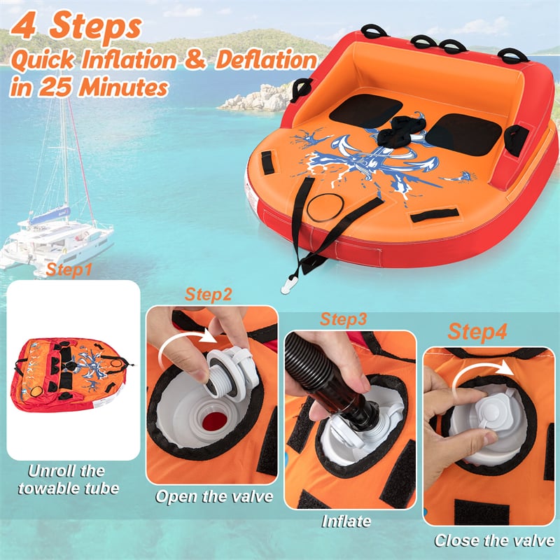 Inflatable Towable Tube for Boating, 1-2 Person Water Sports Towable Sofa Style Pull Boat Tube with Drainage & Dual Tow Points