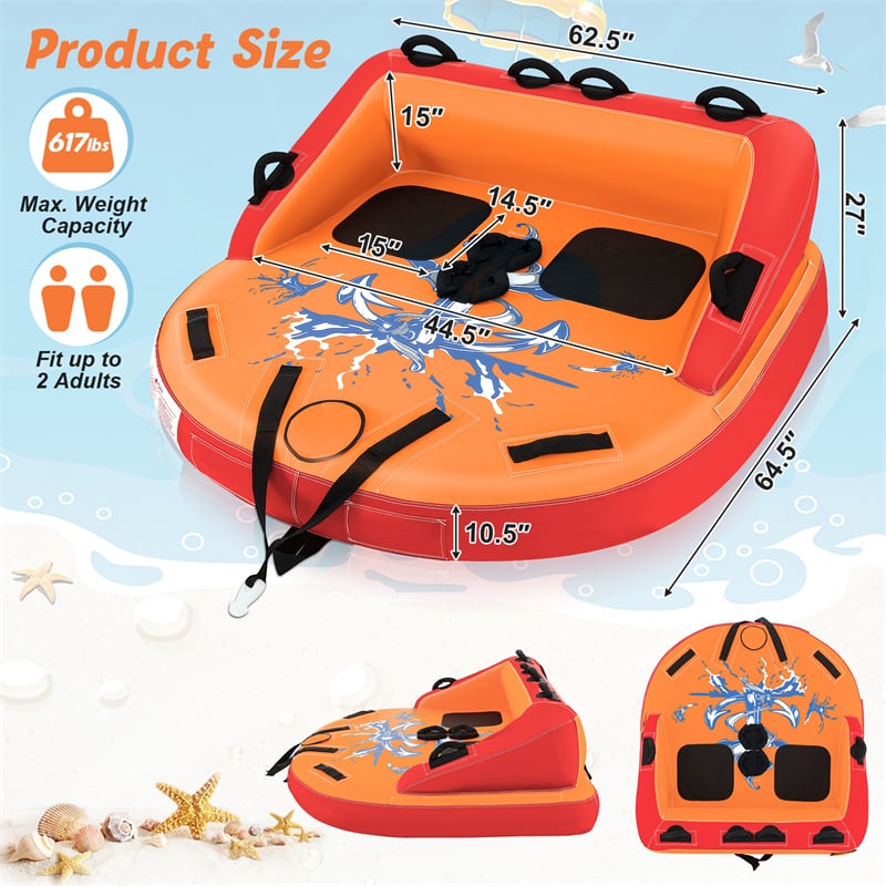 Inflatable Towable Tube for Boating, 1-2 Person Water Sports Towable Sofa Style Pull Boat Tube with Drainage & Dual Tow Points