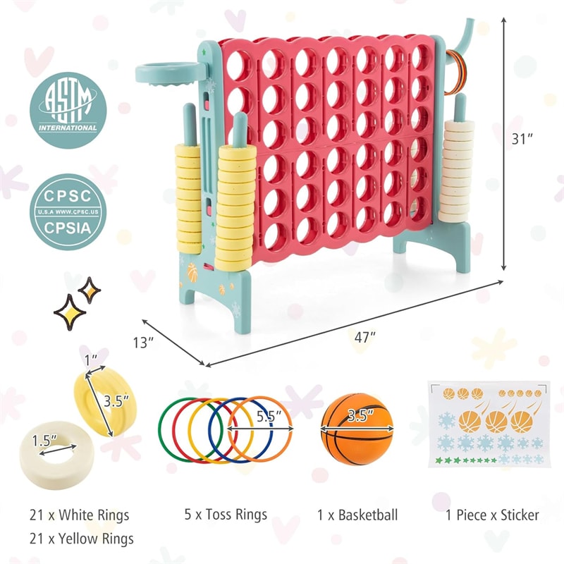 Jumbo 4-to-Score Giant Game Set Indoor Outdoor Family Yard Connect Game with Basketball Hoop, Ring Toss, 42 Rings & Quick-Release Sliders