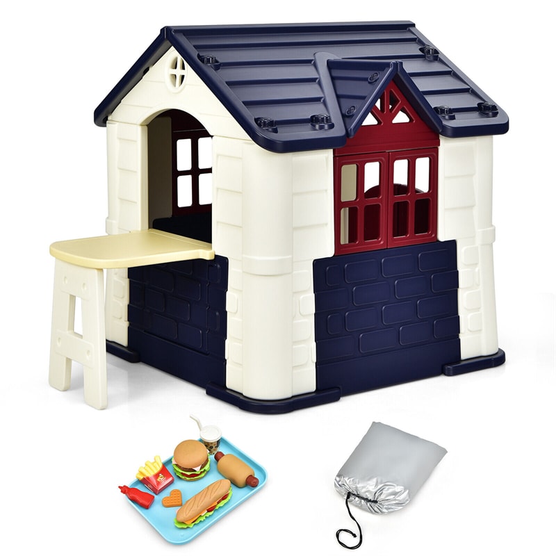 Kids Cottage Playhouse Outdoor Indoor Pretend Play House with Picnic Table, 7pcs Toy Set & Waterproof Cover