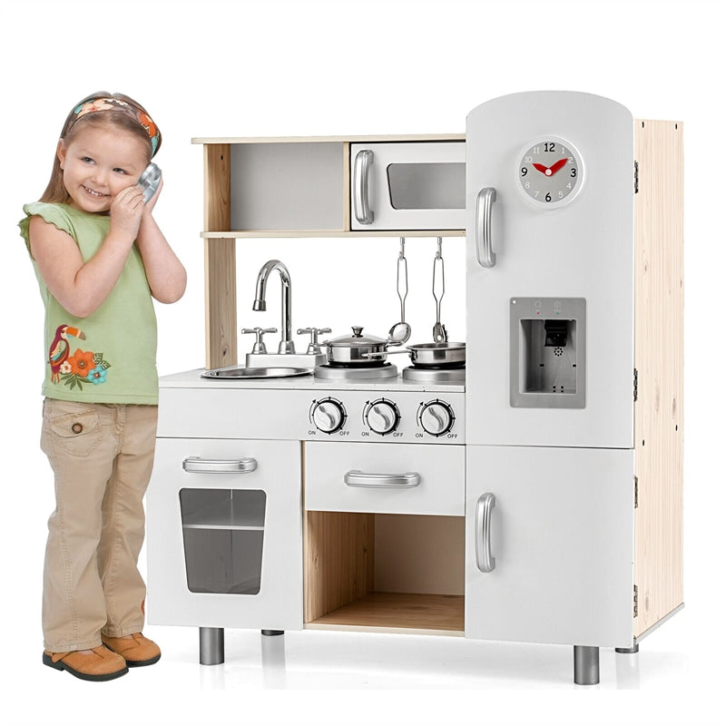 Kids Kitchen Playset Wooden Pretend Play Kitchen Little Chef Toy Kitchen Set with Cookware Utensils Water Dispenser & Storage Cabinet