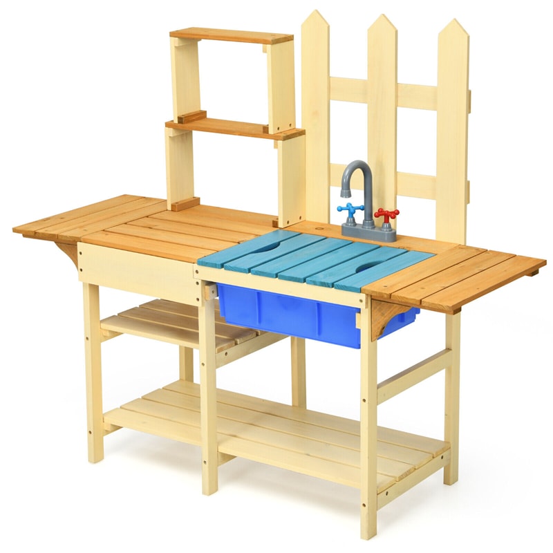 Kids Mud Kitchen Playset Wooden Pretend Play Kitchen with Removable Sink & Simulated Faucet, Play Kitchen Toy Set for Girls & Boys Age 3+