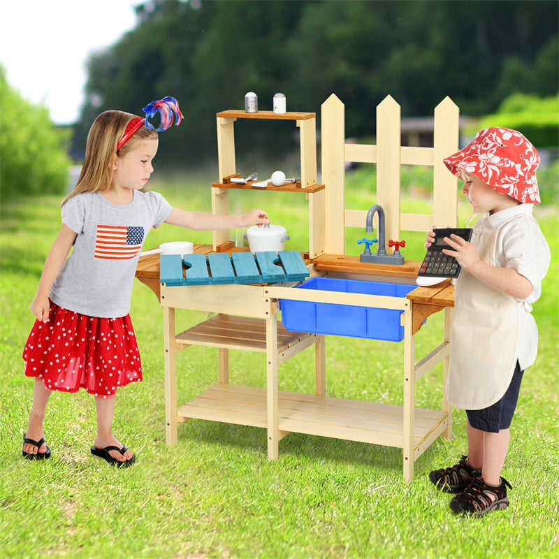 Kids Mud Kitchen Playset Wooden Pretend Play Kitchen with Removable Sink & Simulated Faucet, Play Kitchen Toy Set for Girls & Boys Age 3+