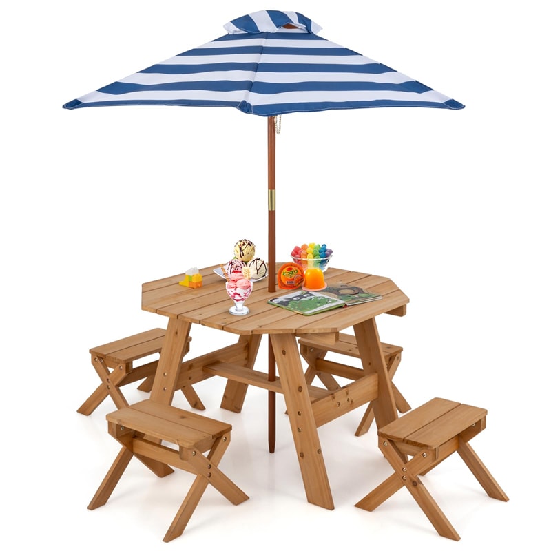 Kids Picnic Table Bench Set Fir Wood Octagon Table with 4 Chairs & Stripe Fabric Umbrella, Toddler Activity Table for Outdoor Garden Backyard