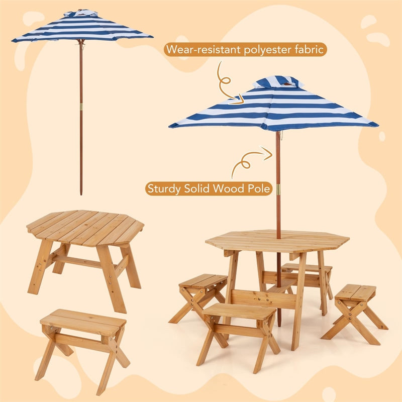 Kids Picnic Table Bench Set Fir Wood Octagon Table with 4 Chairs & Stripe Fabric Umbrella, Toddler Activity Table for Outdoor Garden Backyard