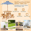 Kids Picnic Table Bench Set Fir Wood Octagon Table with 4 Chairs & Stripe Fabric Umbrella, Toddler Activity Table for Outdoor Garden Backyard