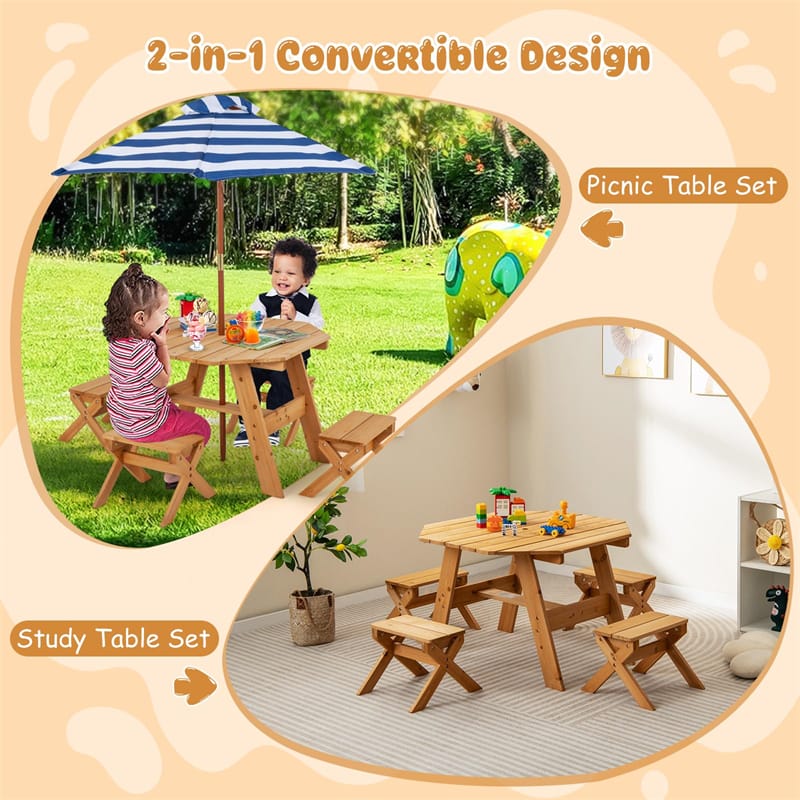 Kids Picnic Table Bench Set Fir Wood Octagon Table with 4 Chairs & Stripe Fabric Umbrella, Toddler Activity Table for Outdoor Garden Backyard