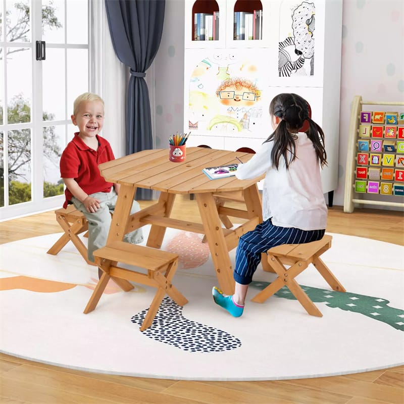 Kids Picnic Table Bench Set Fir Wood Octagon Table with 4 Chairs & Stripe Fabric Umbrella, Toddler Activity Table for Outdoor Garden Backyard