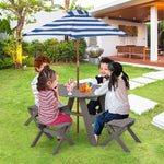 Kids Picnic Table Bench Set Fir Wood Octagon Table with 4 Chairs & Stripe Fabric Umbrella, Toddler Activity Table for Outdoor Garden Backyard